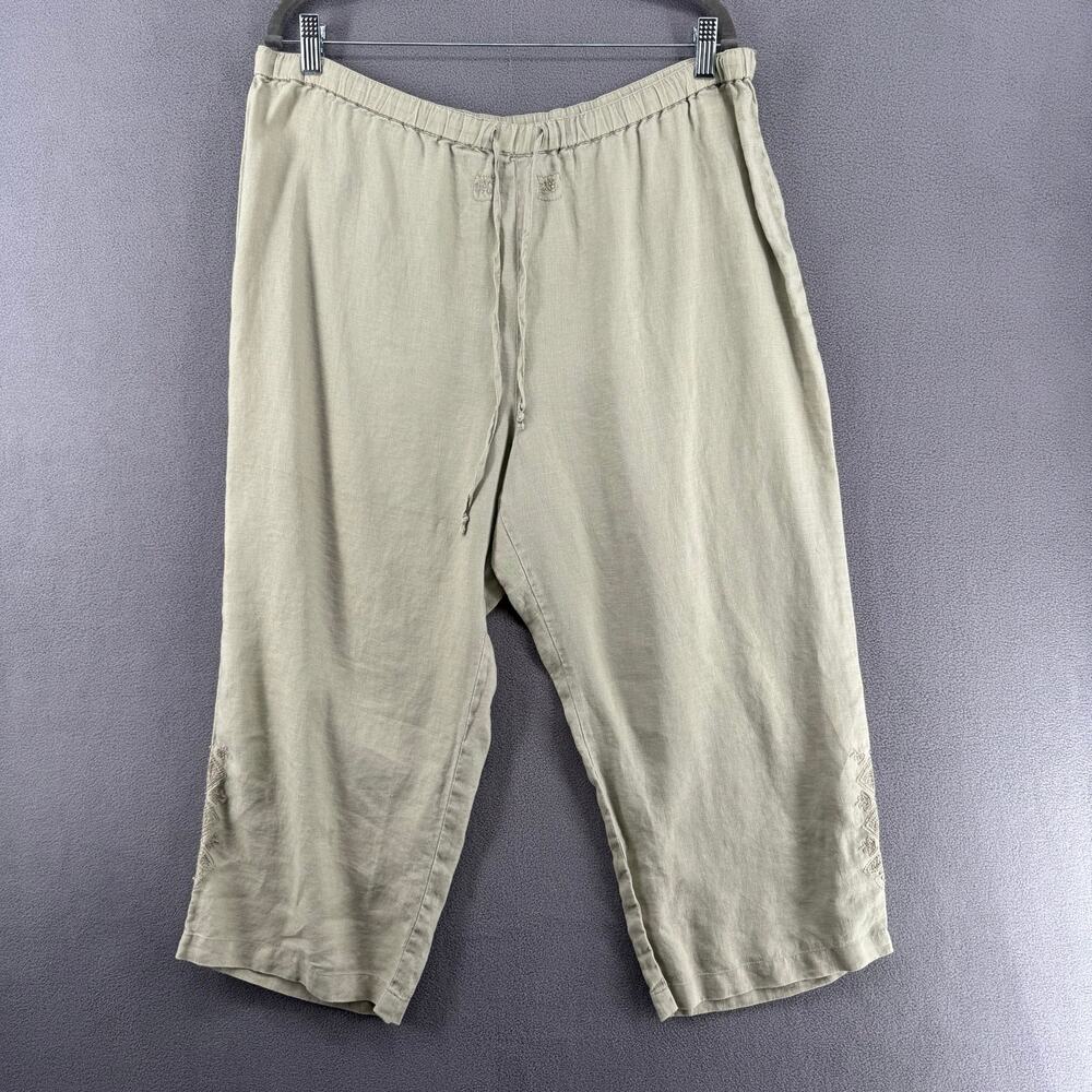 Caribbean Joe 100% Linen Pants Womens XL Green Embroidered‎ Lagenlook Loose Fit